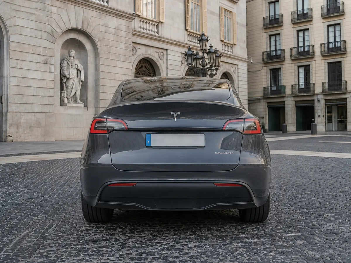 Tesla Model Y Long Range 2023, vista trasera — Rome Luxury Car Rental, Roma. El Tesla Model Y Long Range de 2023 ofrece una alternativa silenciosa y de tracción…