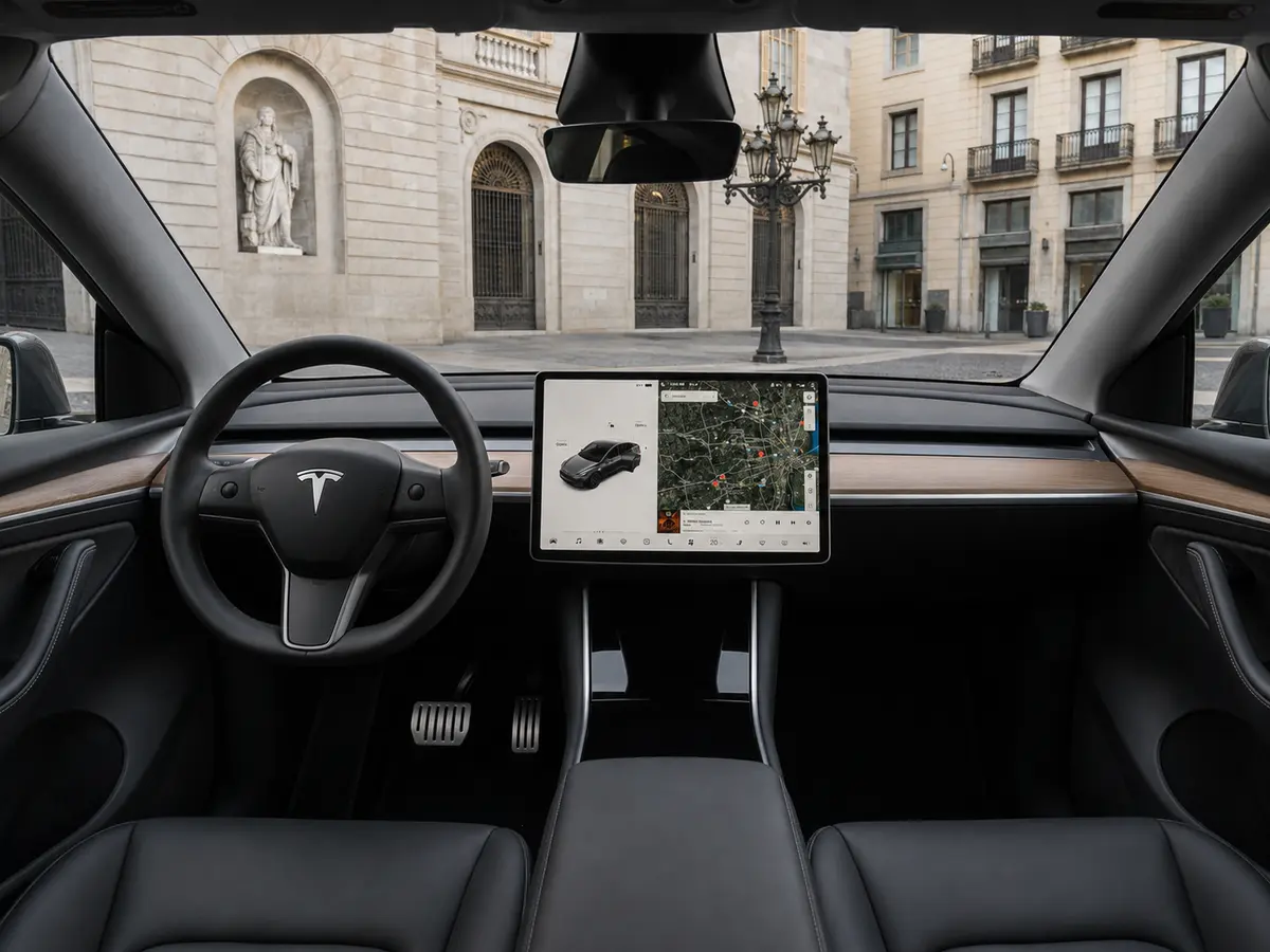 Tesla Model Y Long Range 2023, interior — Rome Luxury Car Rental, Roma. El Tesla Model Y Long Range de 2023 ofrece una alternativa silenciosa y de tracción…